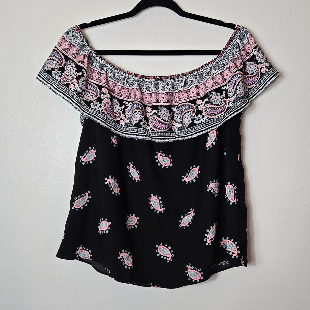 Charming Charlie‎ Size XL Off Shoulder Flounce Paisley Top Black Pink MTC268